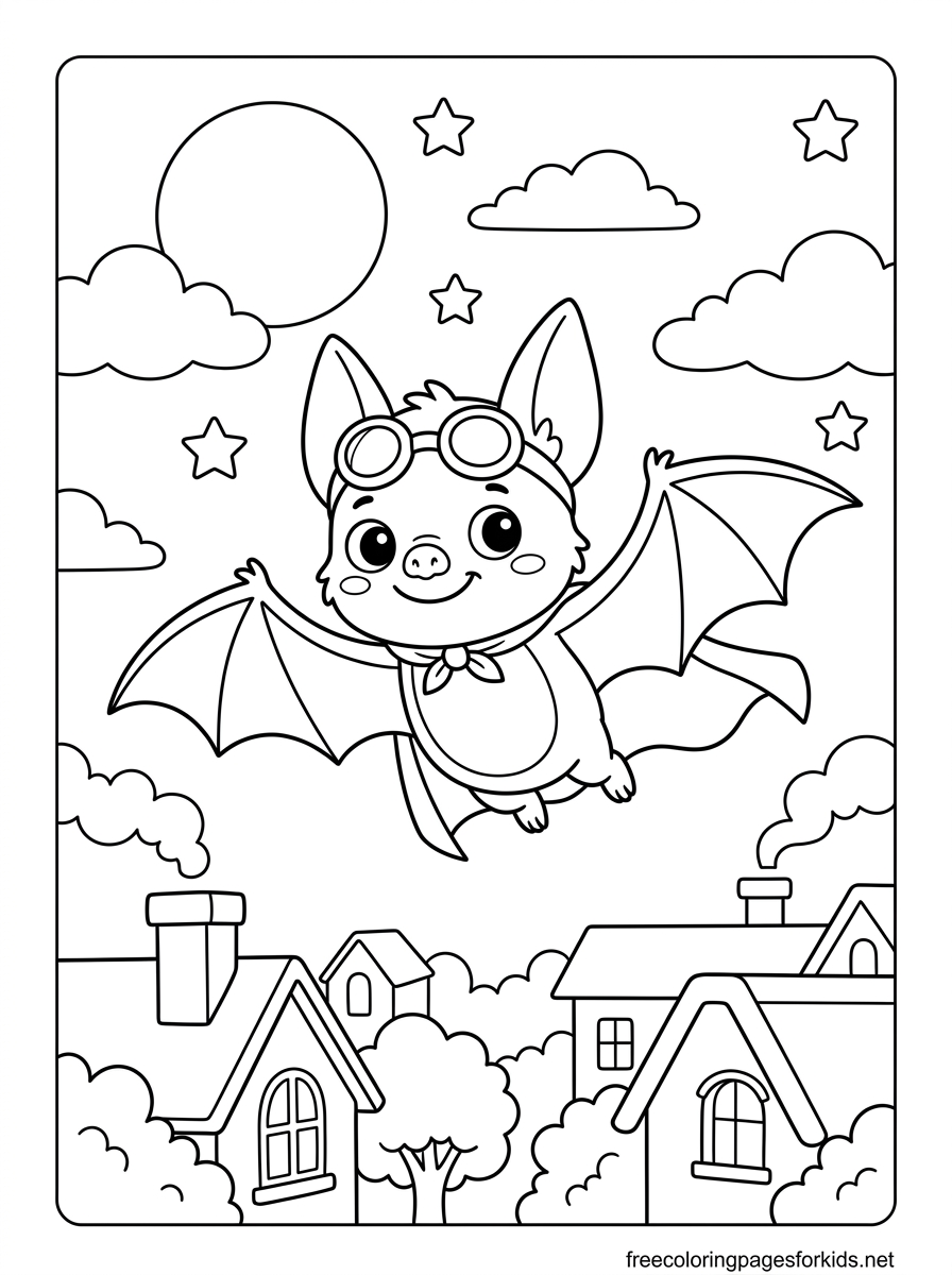Bat Flying Over the Town Coloring Page
