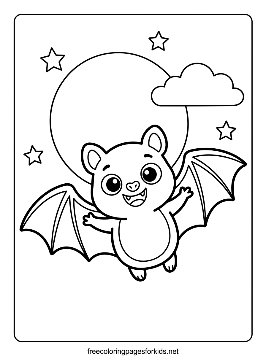 Bat Flying Past the Moon Coloring Page