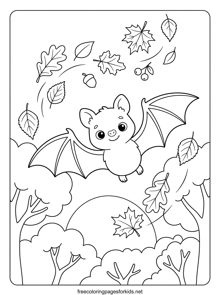 Bat Flying Through Autumn Leaves Coloring Page