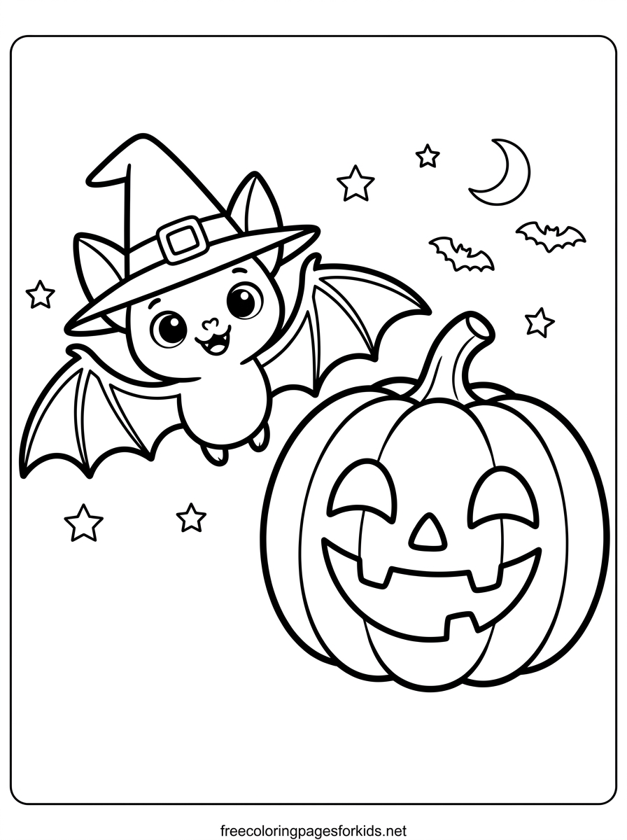 Bat Flying With a Pumpkin Coloring Page