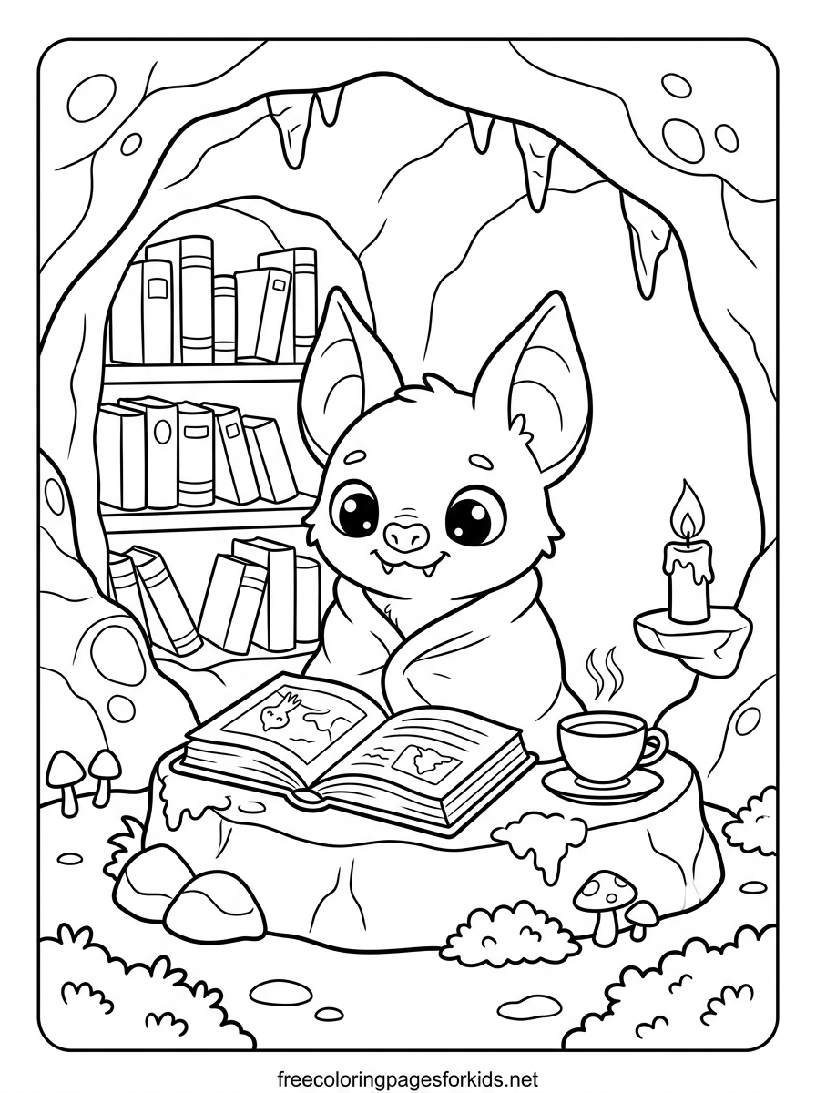 Bat Reading a Book in a Cave Coloring Page