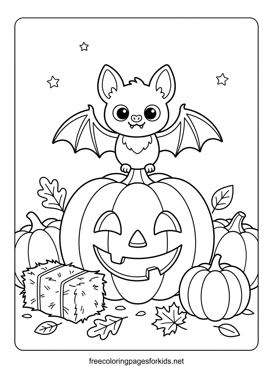 Bat Sitting on a Pumpkin Coloring Page