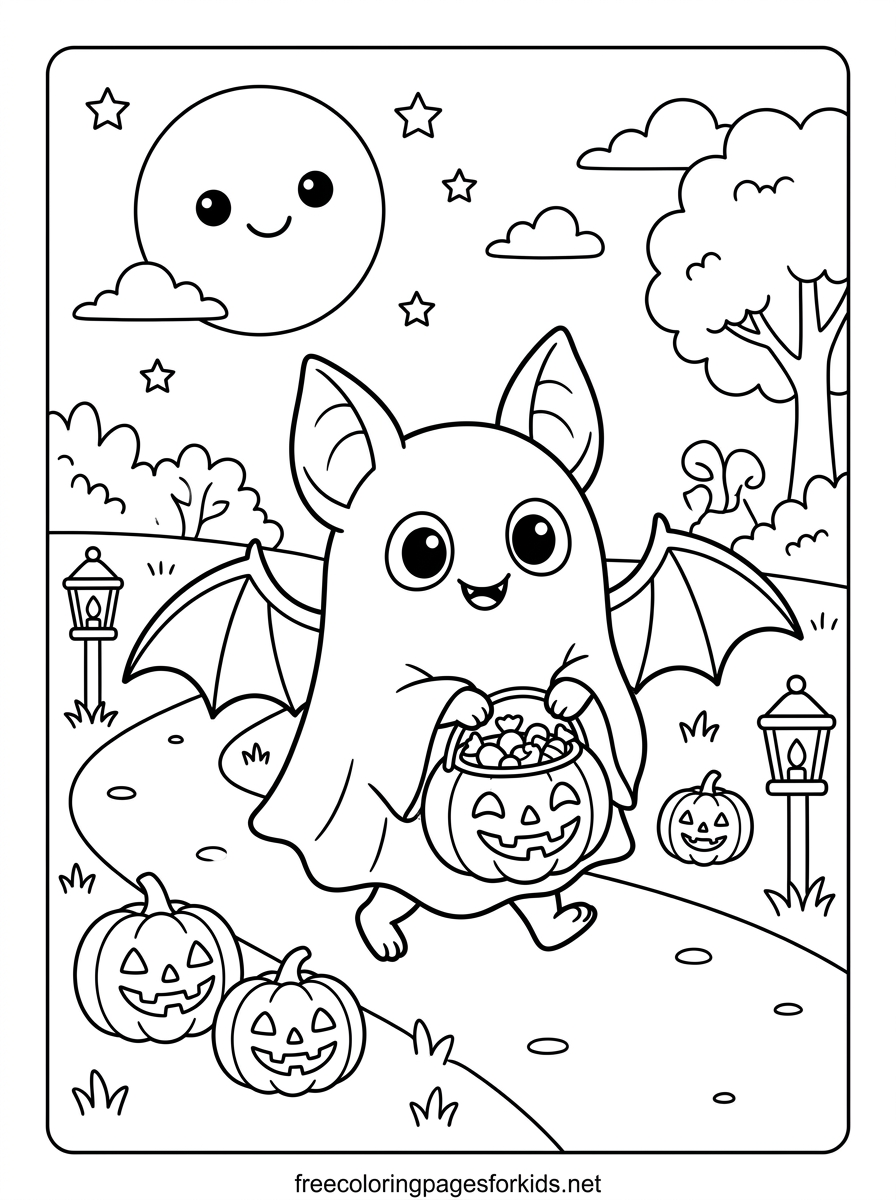 Bat Trick-or-Treating Coloring Page