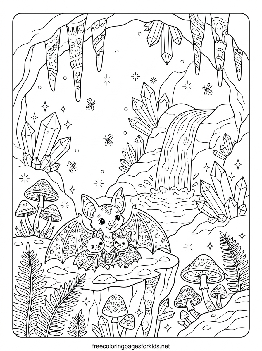 Bats Resting in a Magical Cave Coloring Page