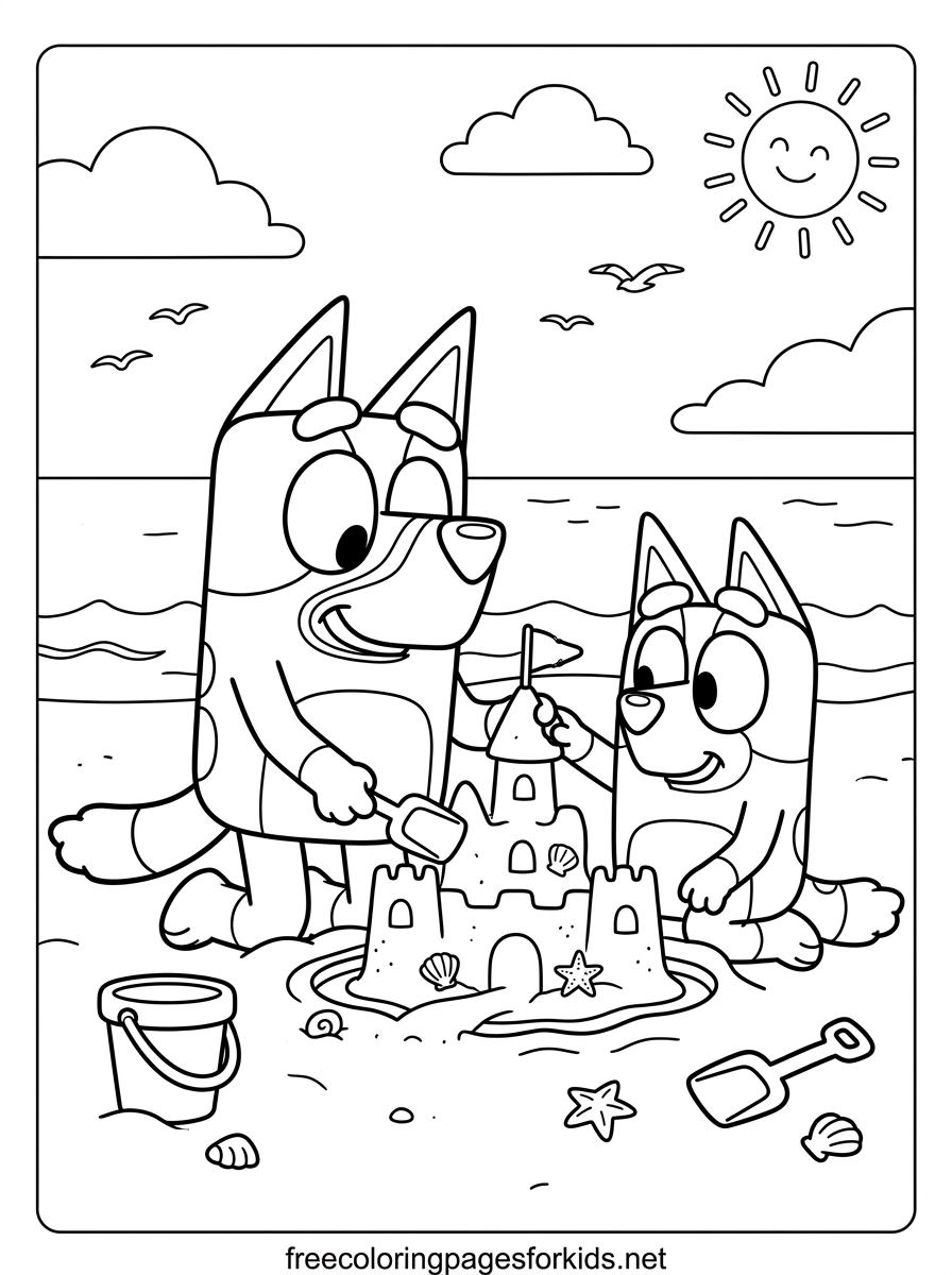 Bluey and Bingo Building a Sandcastle Coloring Page