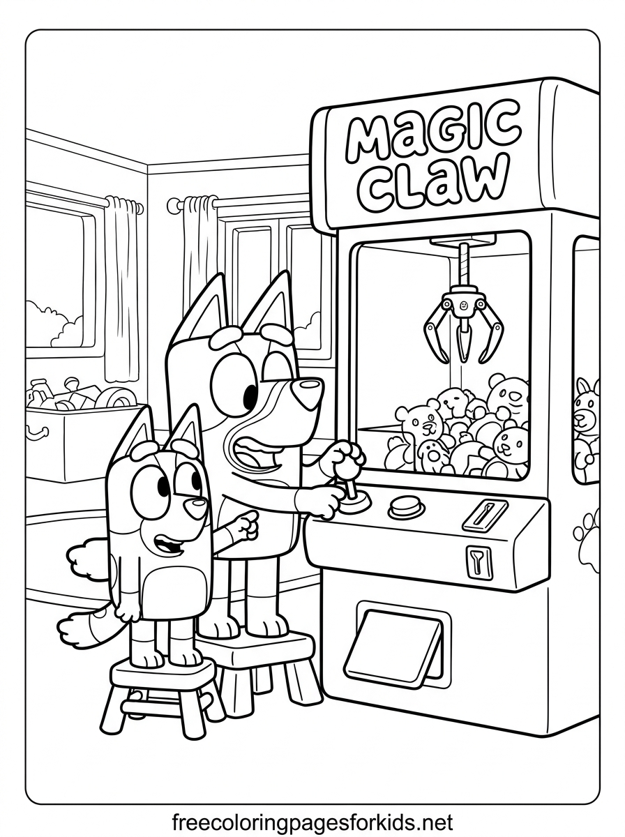 Bluey and Bingo at the Magic Claw Coloring Page