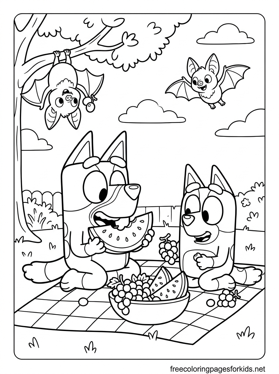 Bluey and Bingo Eating Fruit Coloring Page