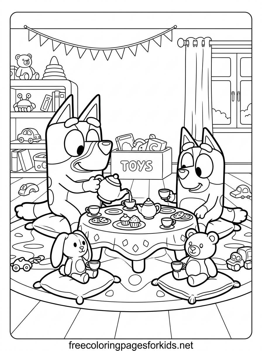 Bluey and Bingo Having Tea Coloring Page