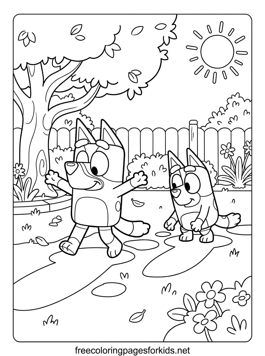 Bluey and Bingo Playing Shadowlands Coloring Page