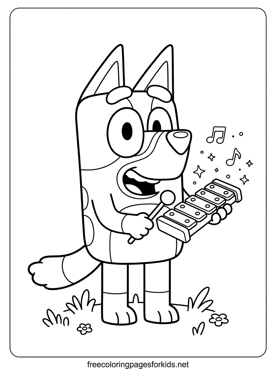 Bluey Holding the Magic Xylophone Coloring Page