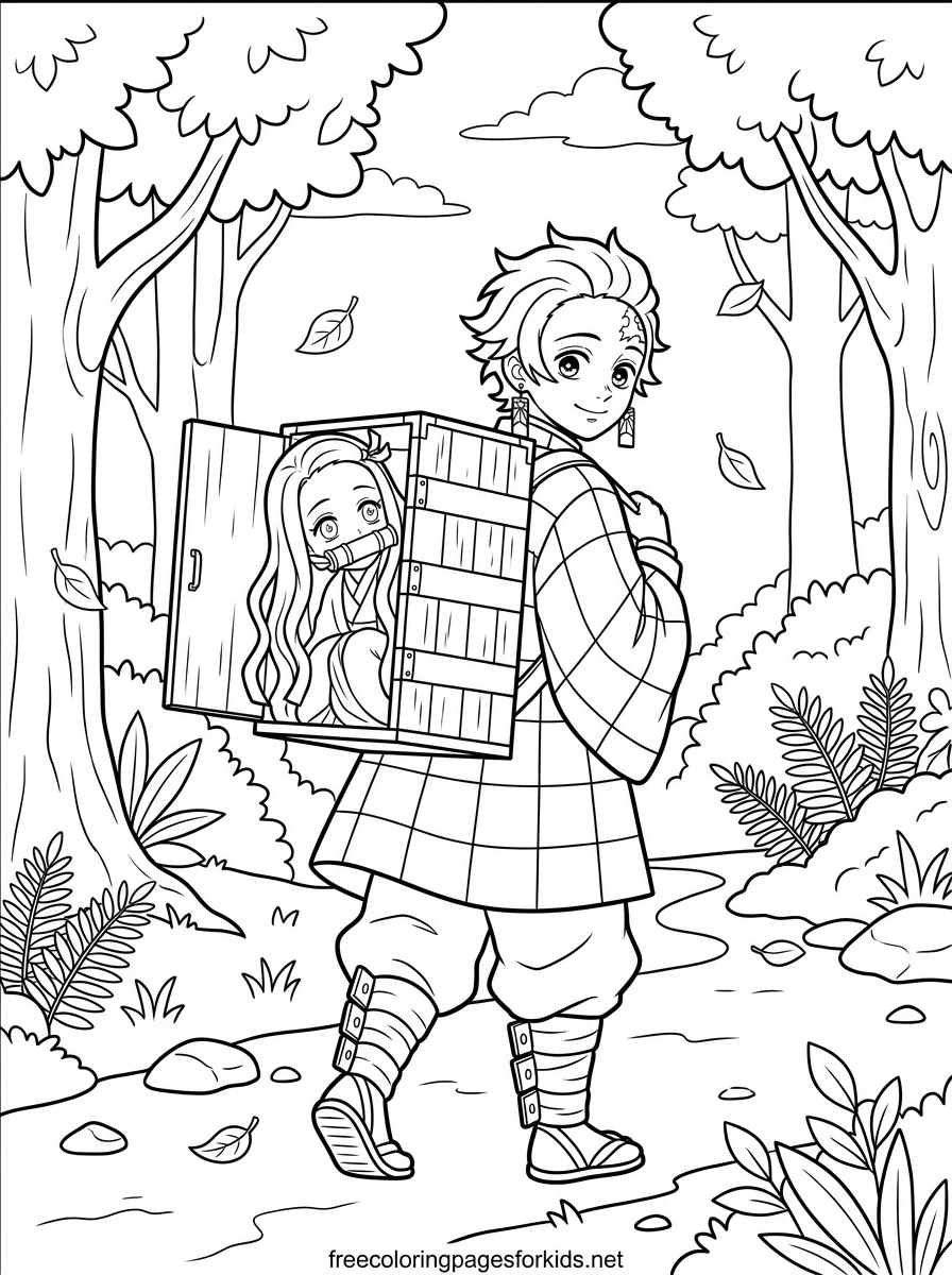 Boy Carrying a Box in the Forest Coloring Page