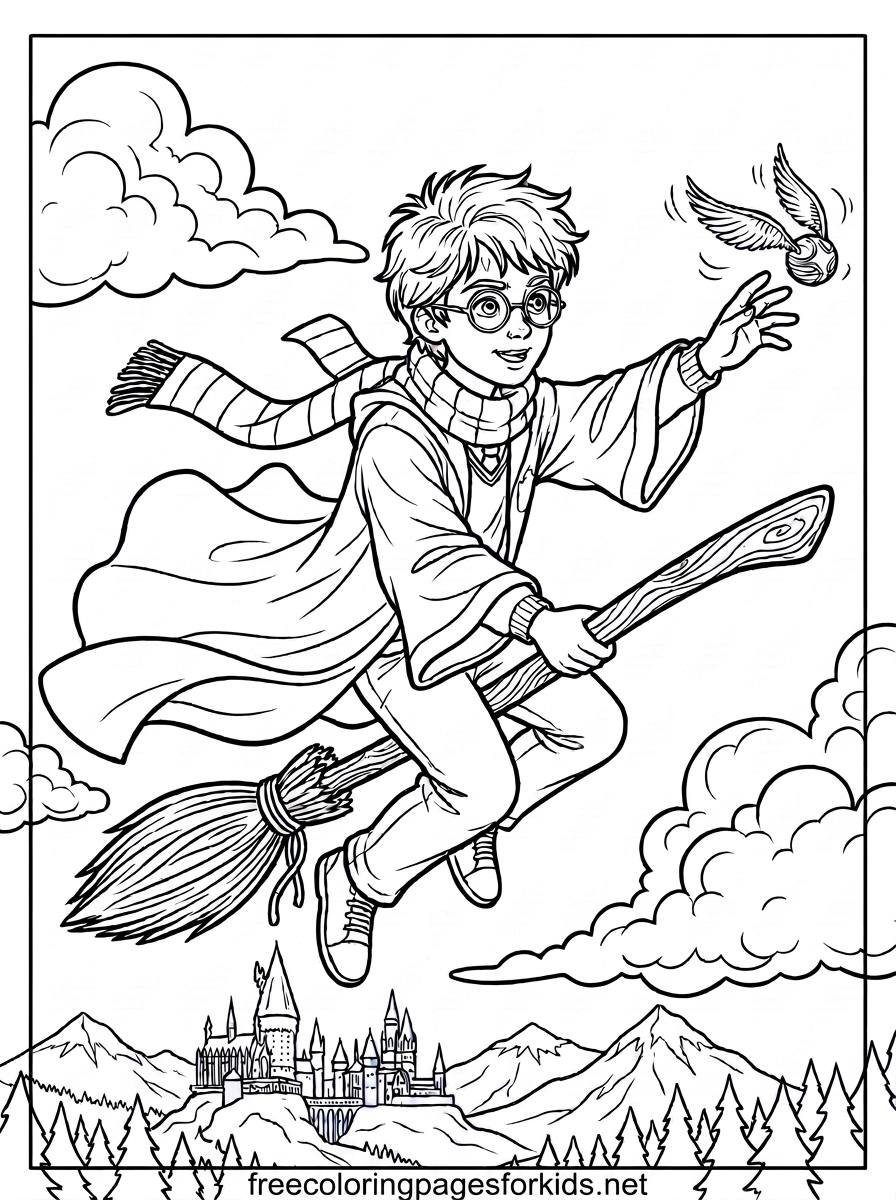 Boy Wizard Catching the Flying Snitch Coloring Page