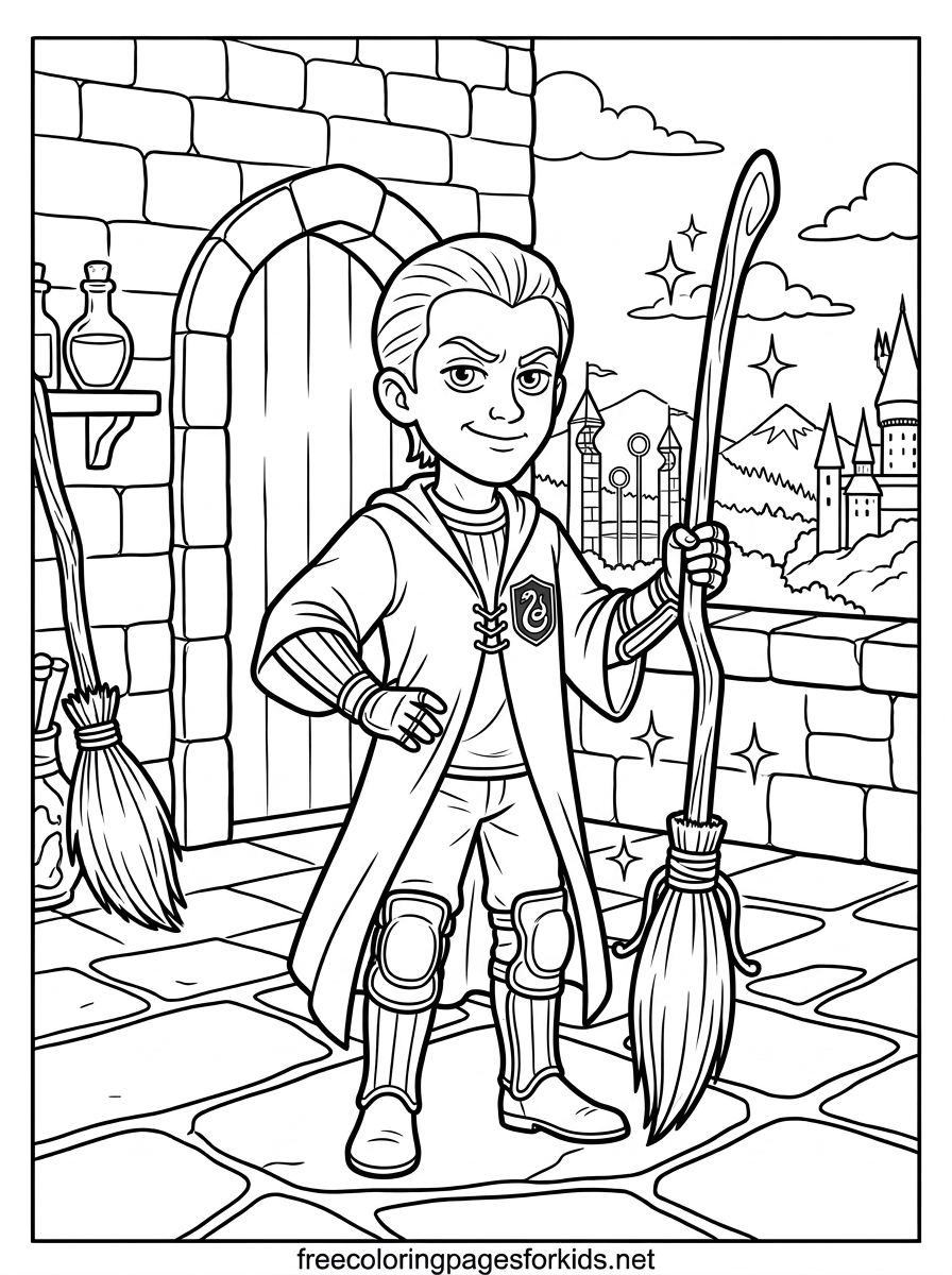 Wizard Boy With His Broomstick Coloring Page