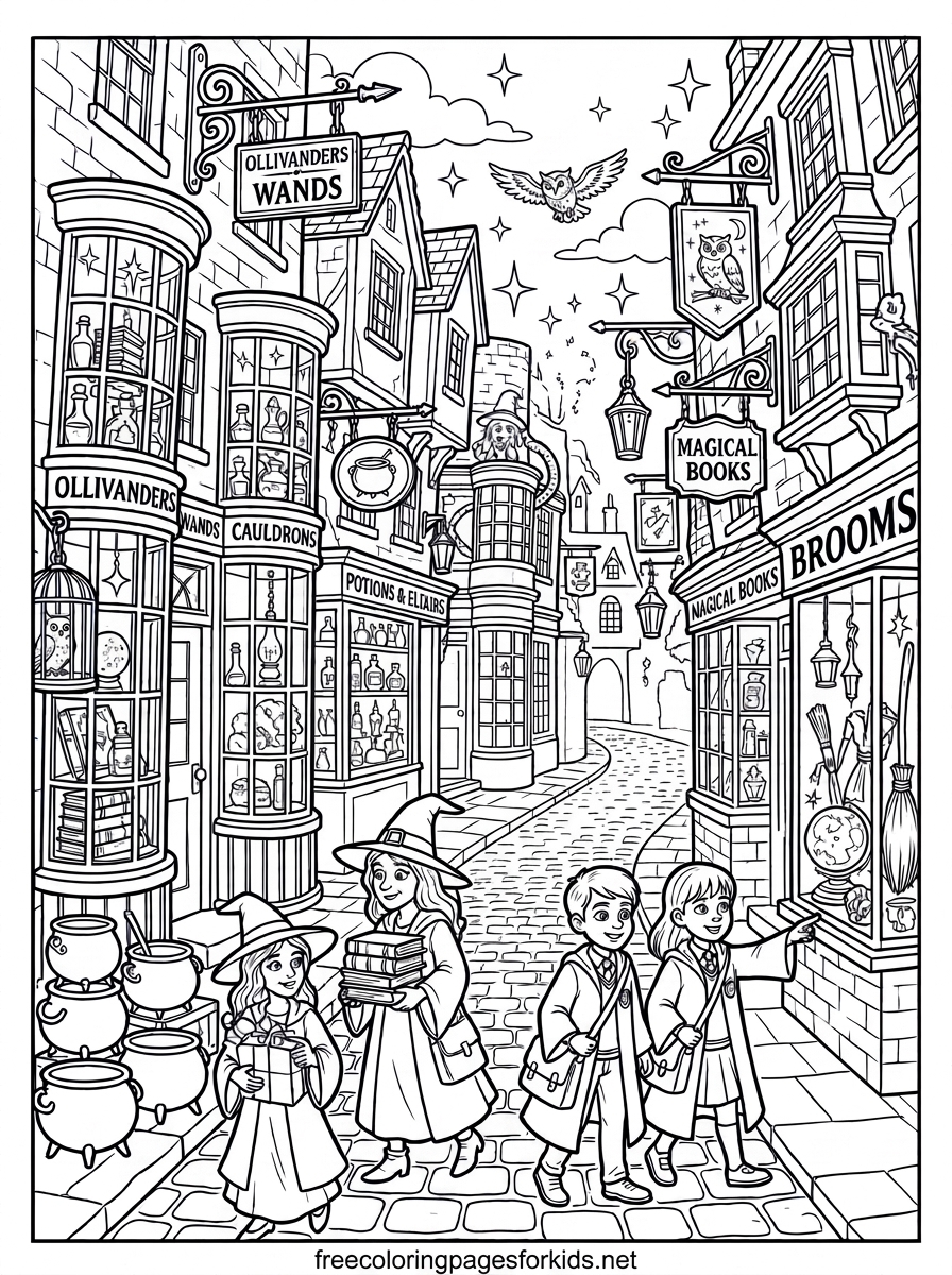 Magical Shopping Street Coloring Page
