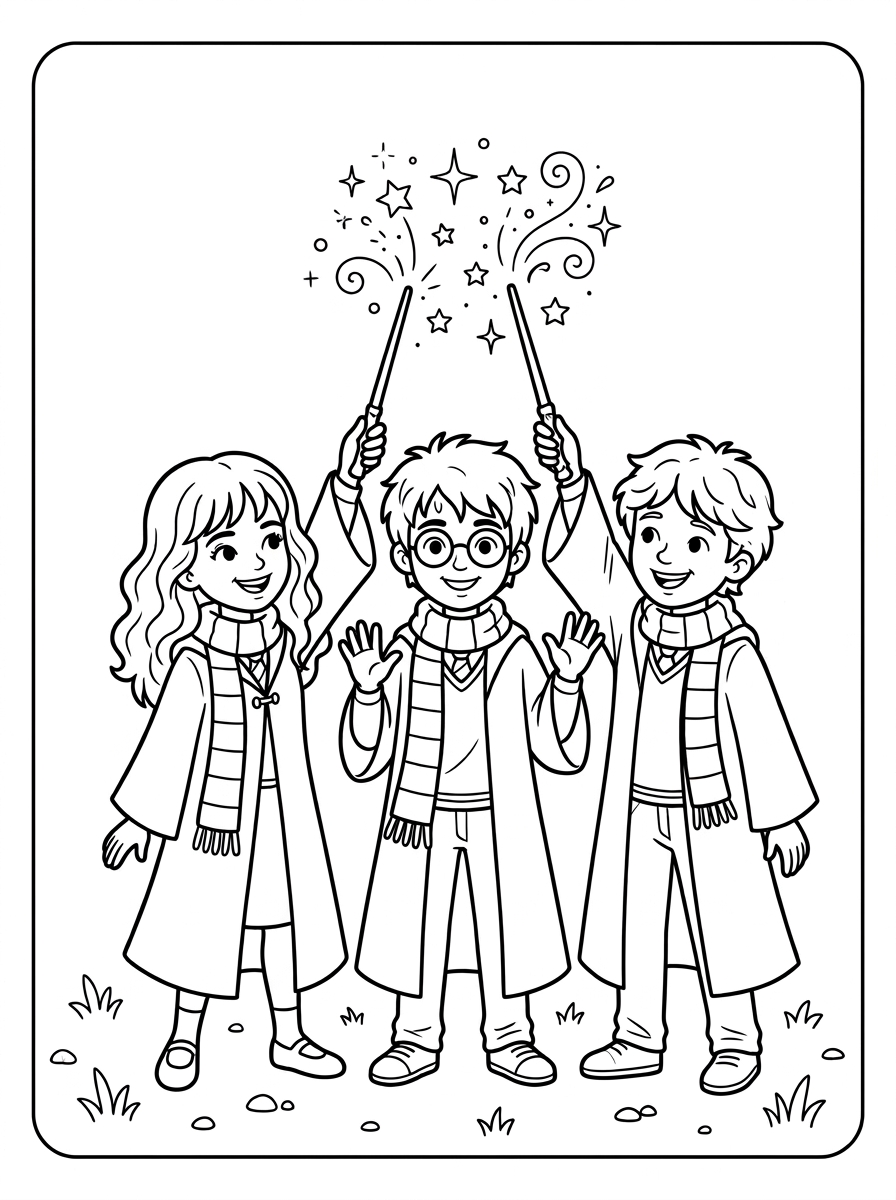 Three Wizard Friends With Wands Coloring Page