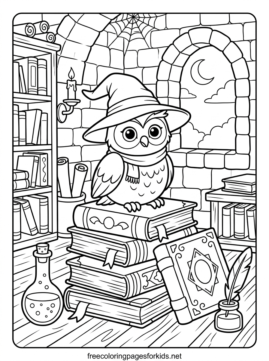 Wizard Owl on a Pile of Books Coloring Page