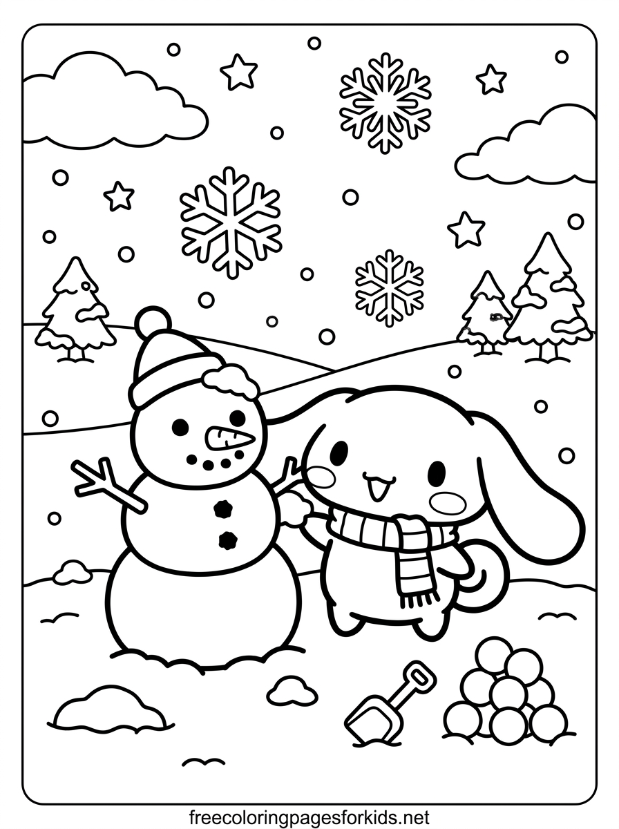 Cinnamoroll and Snowman Coloring Page