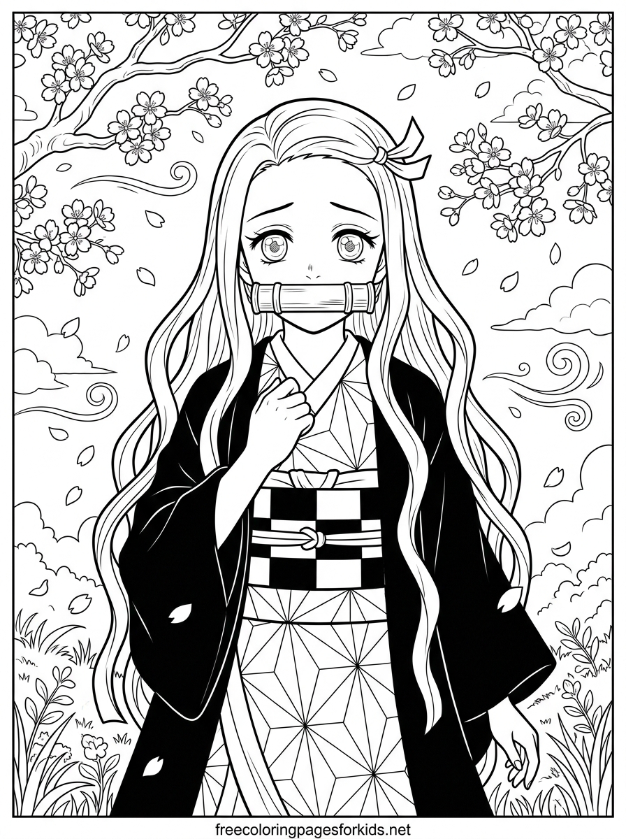 Girl With a Bamboo Muzzle Under Cherry Blossoms Coloring Page