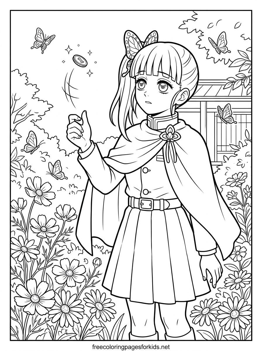 Girl Flipping a Coin in a Flower Garden Coloring Page