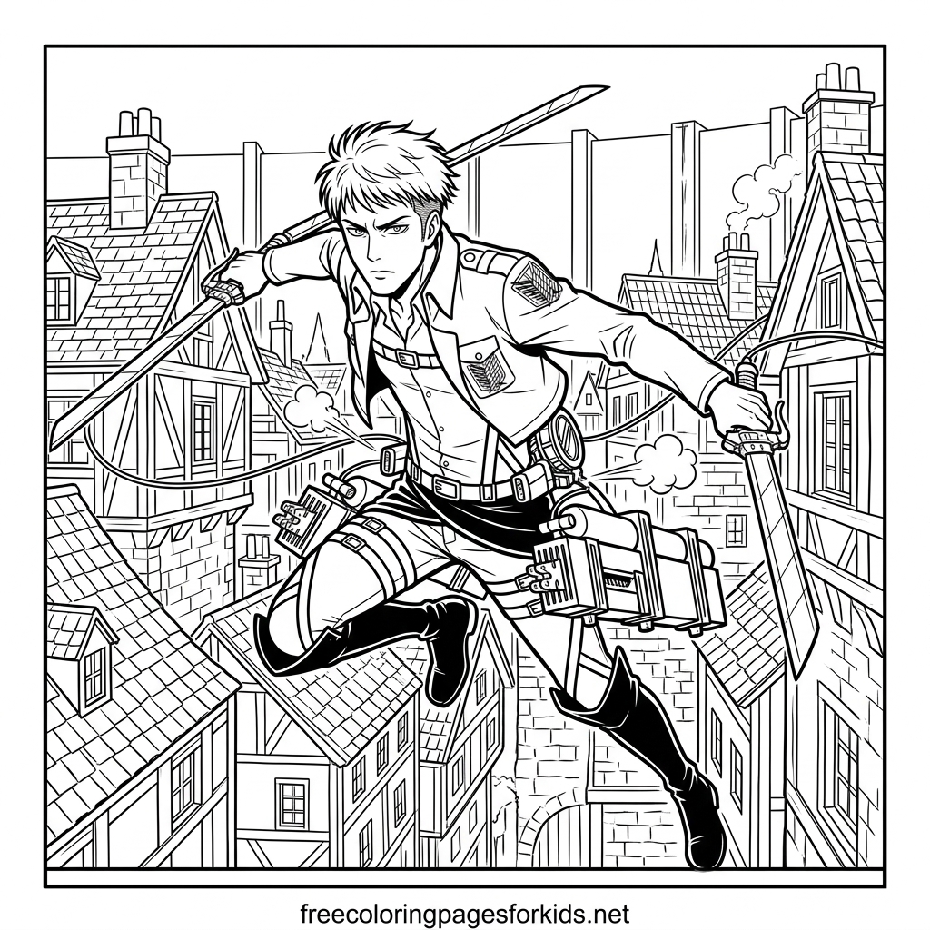 Scout Using ODM Gear Over the City Coloring Page