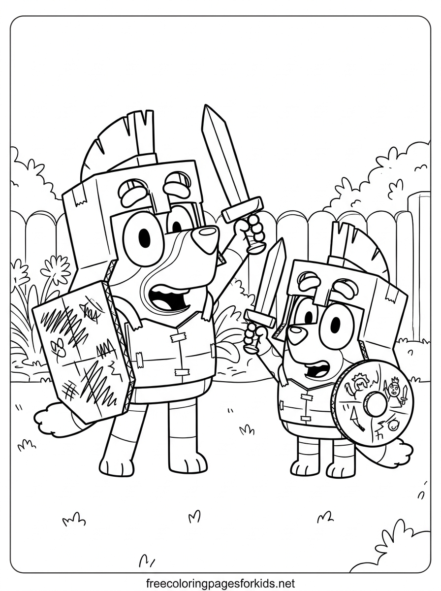 Bluey and Bingo as Cardboard Knights Coloring Page
