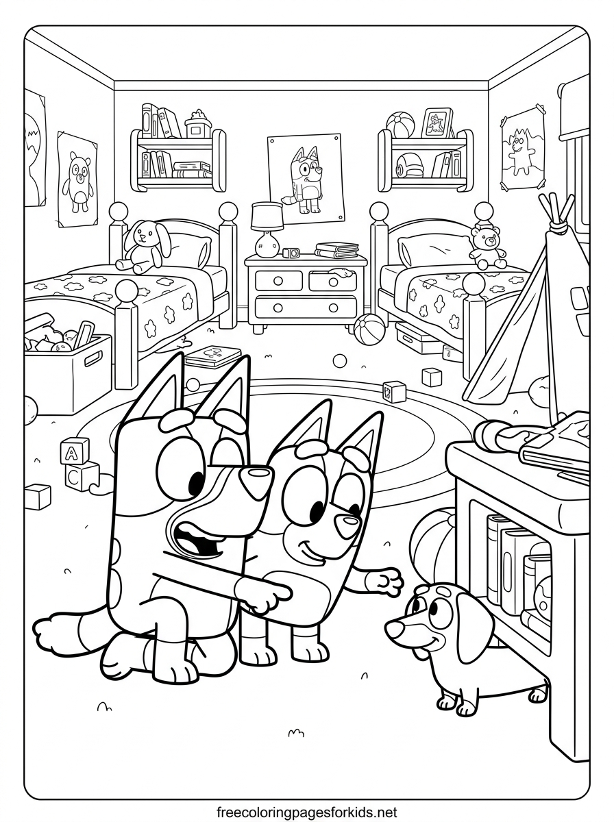 Pups Meeting a Little Dog in the Bedroom Coloring Page