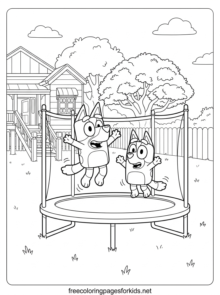 Bluey and Bingo on the Trampoline Coloring Page