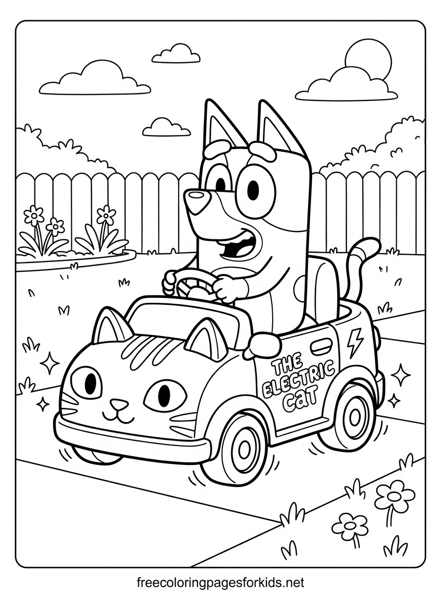 Riding the Electric Cat Car Coloring Page