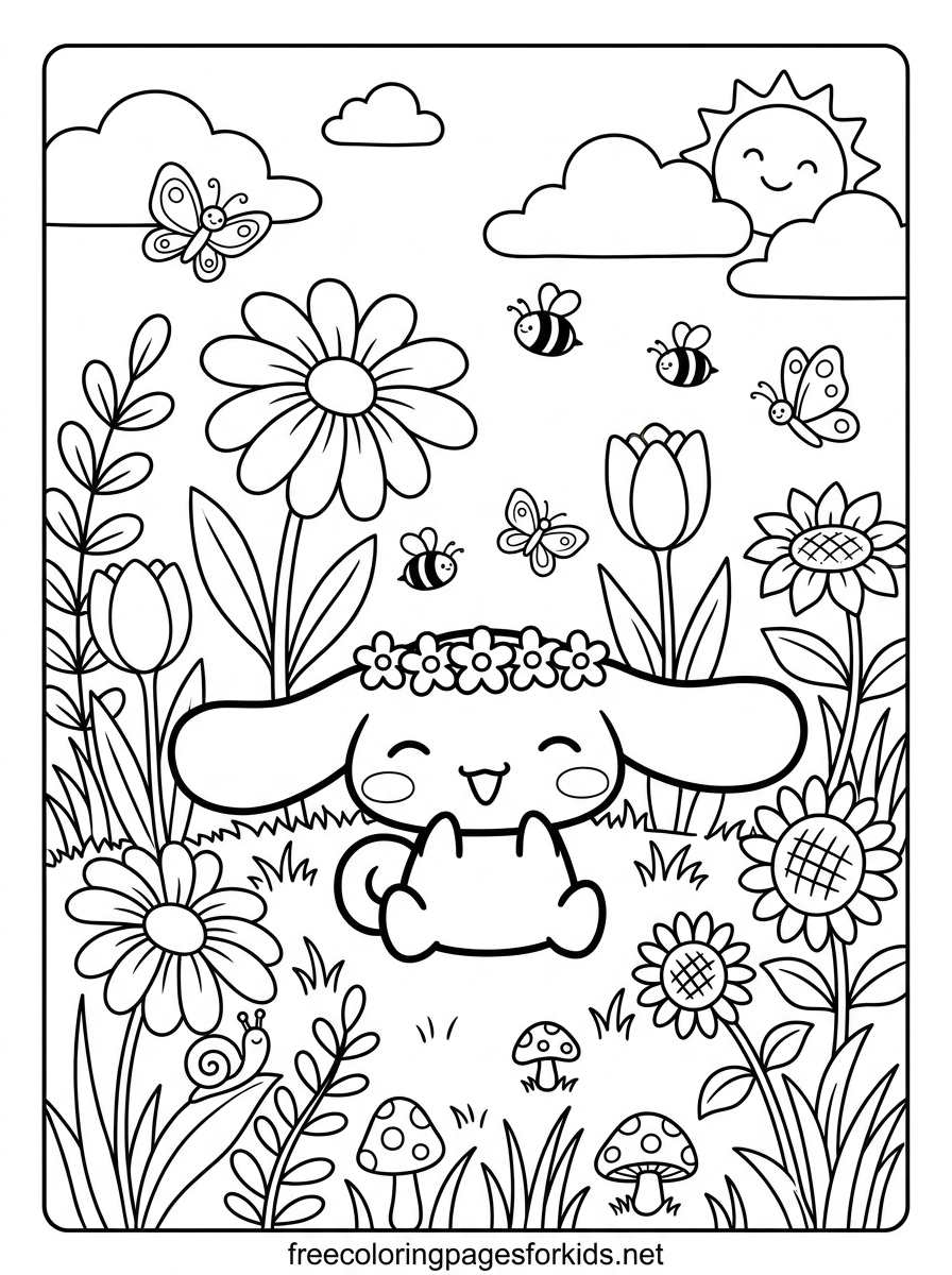 Cinnamoroll Flower Garden Coloring Page