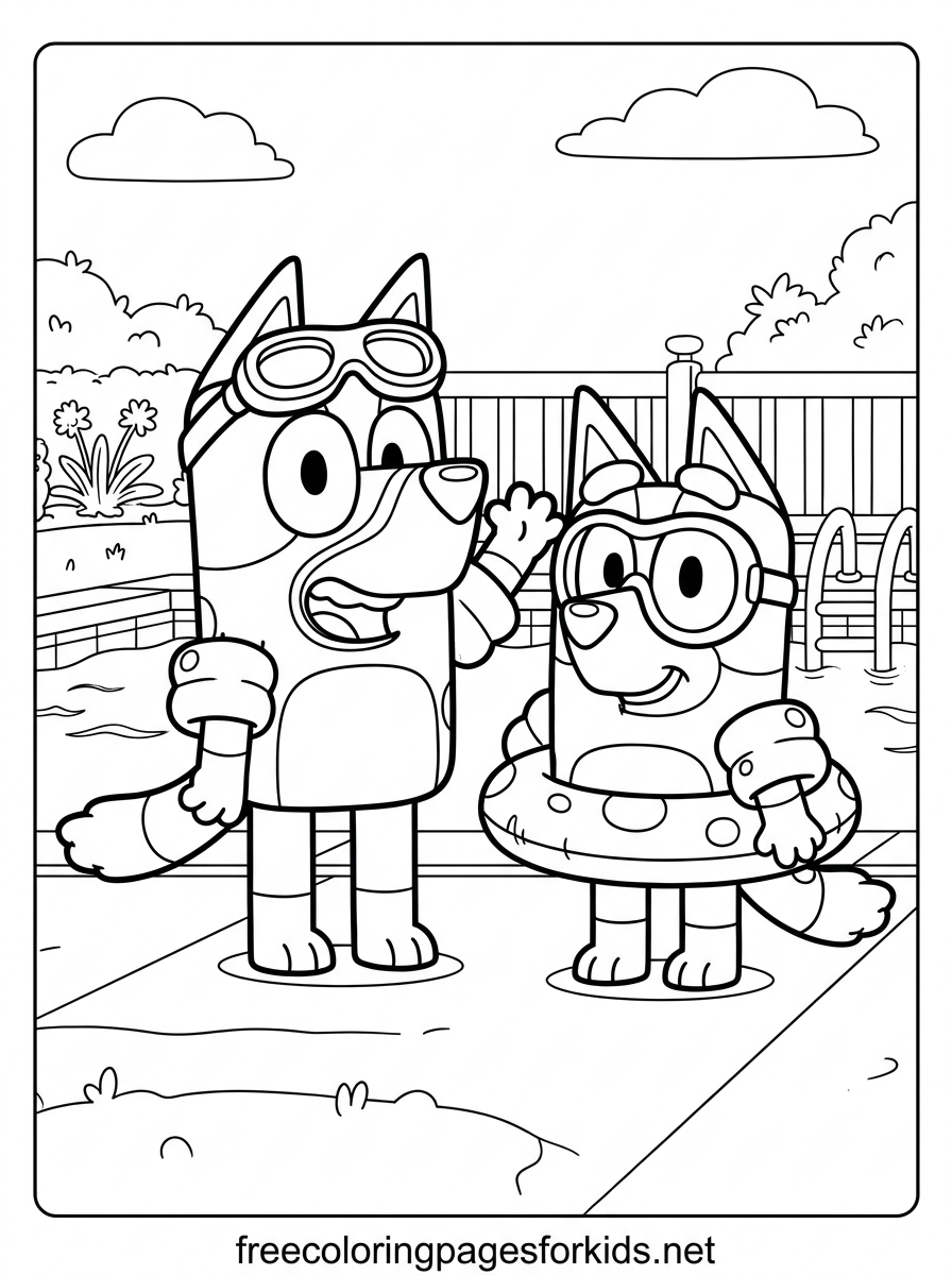 Pups at the Swimming Pool Coloring Page