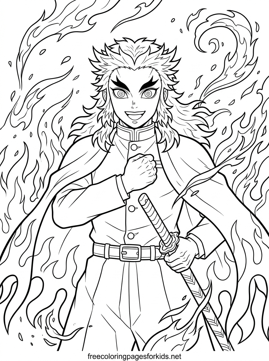 Smiling Swordsman Surrounded by Flames Coloring Page