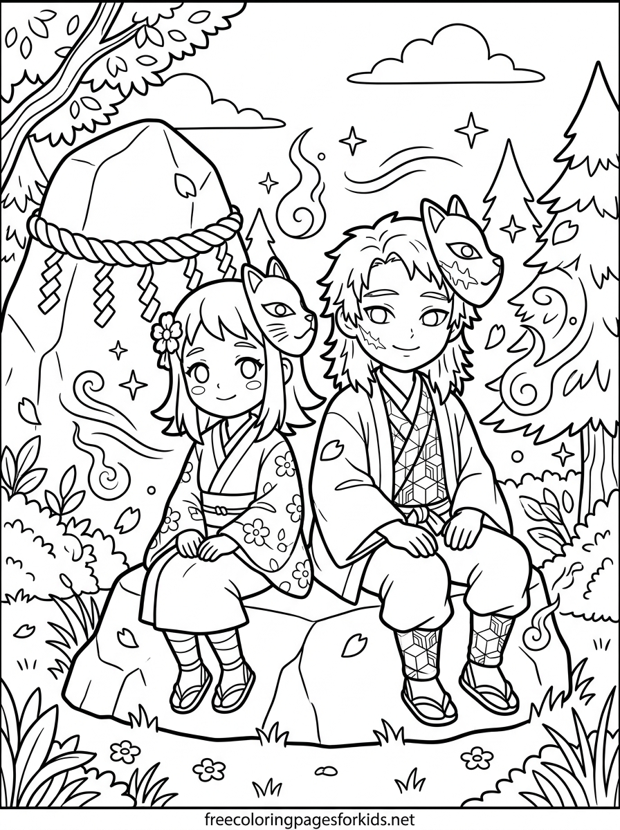 Two Young Spirits in Fox Masks Coloring Page