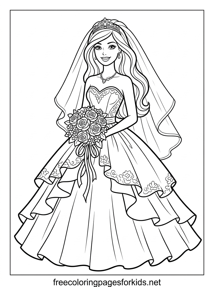Doll Bride Holding a Bouquet Coloring Page