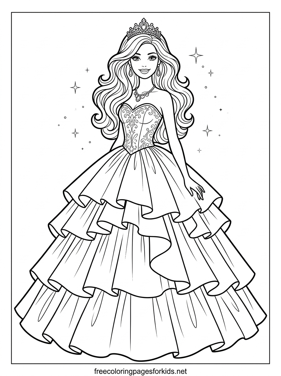 Doll in a Ruffled Ball Gown Coloring Page