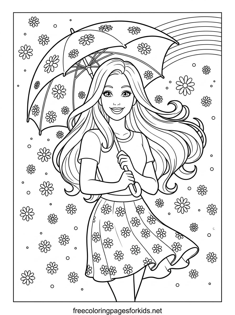 Doll Holding a Flowered Umbrella Coloring Page
