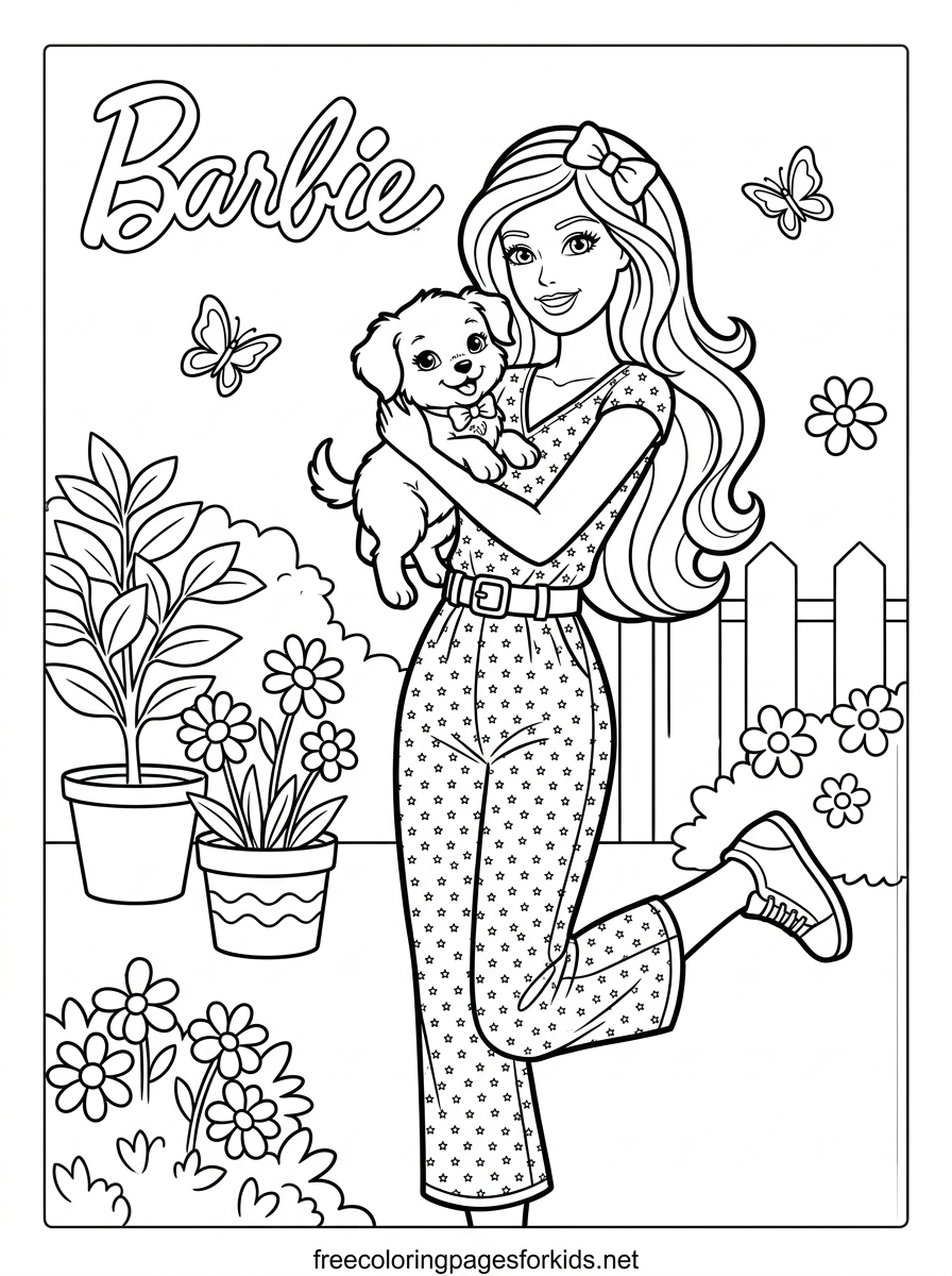 Doll Posing With a Puppy Coloring Page