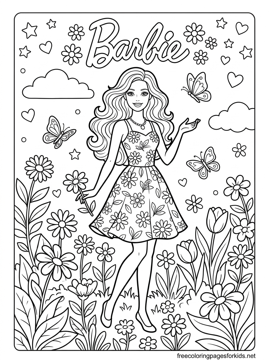 Doll Standing Among Flowers Coloring Page