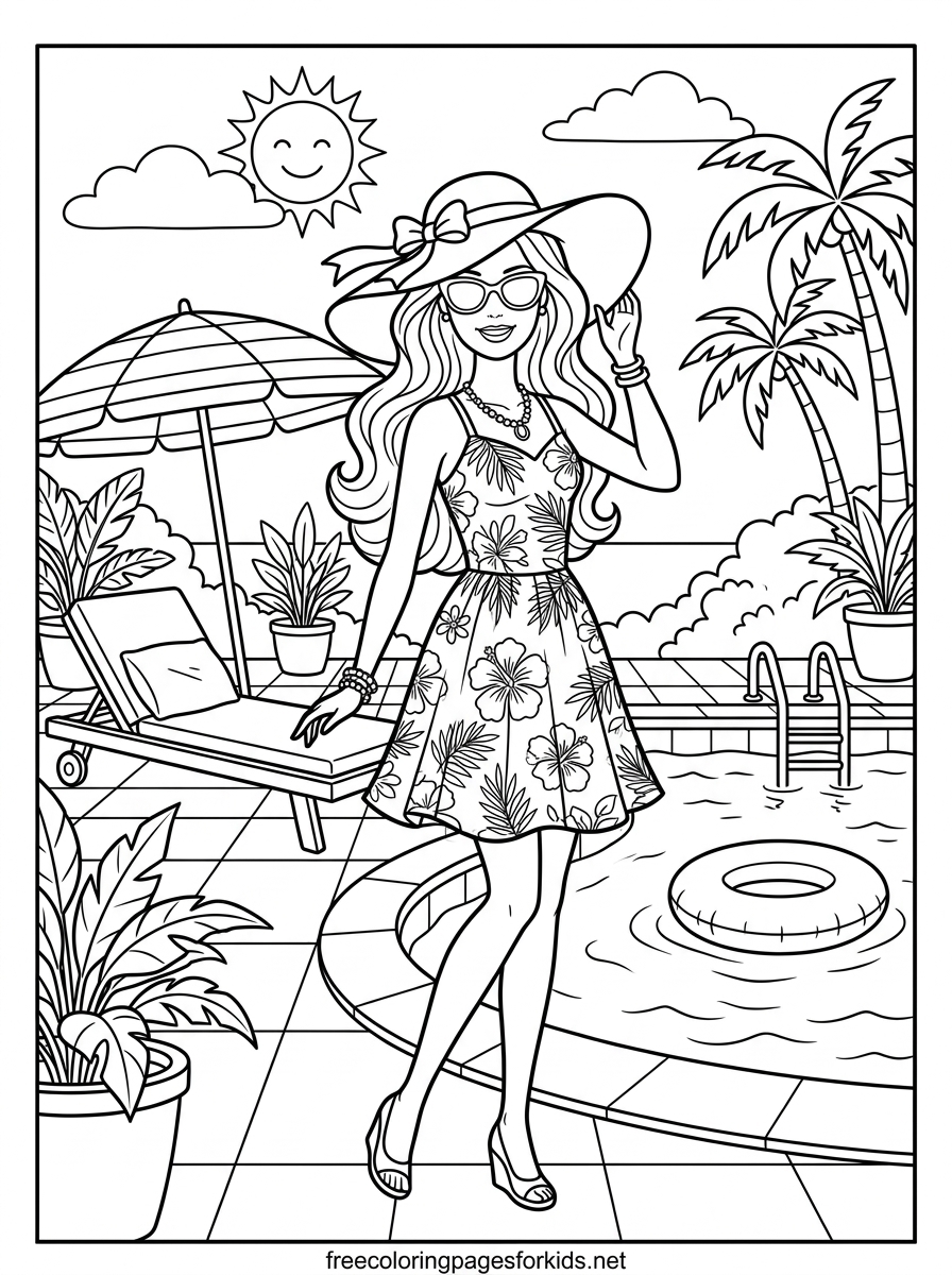 Doll Standing by the Pool Coloring Page