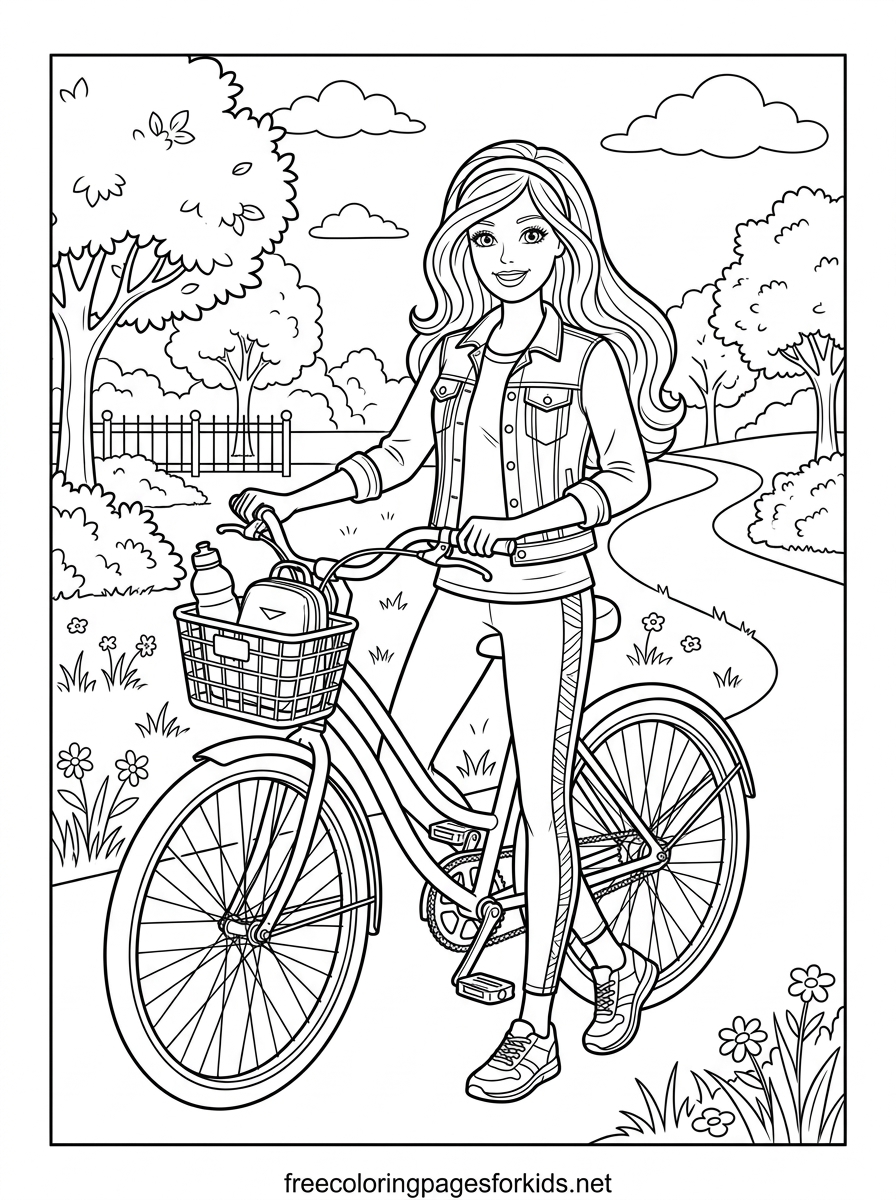 Doll Standing With a Bicycle Coloring Page