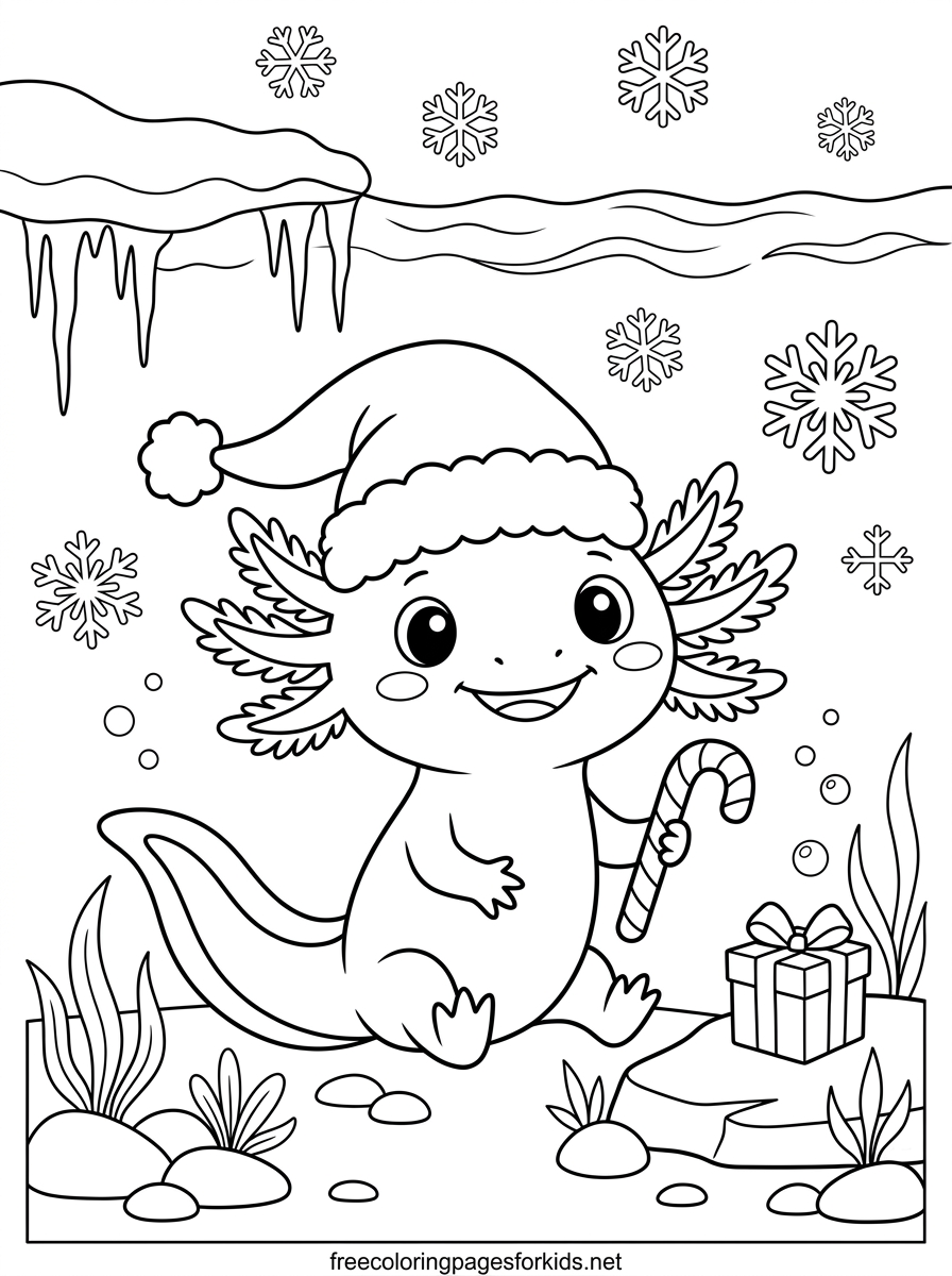 Festive Axolotl Holding a Candy Cane Coloring Page
