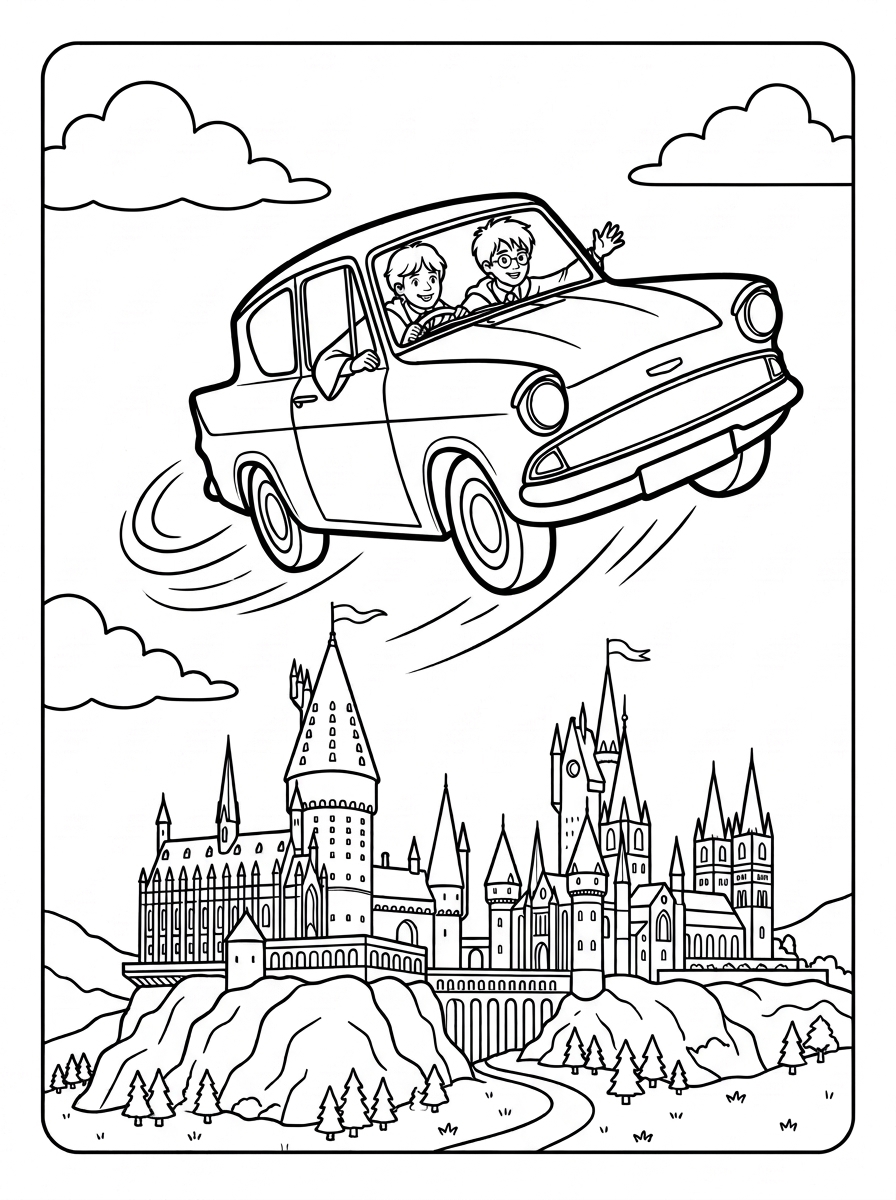 Flying Car Over the Castle Coloring Page