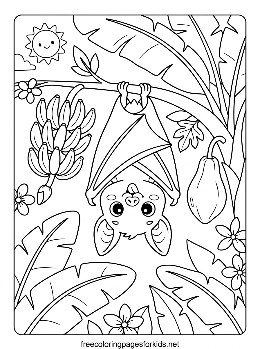Fruit Bat Hanging From a Tree Coloring Page