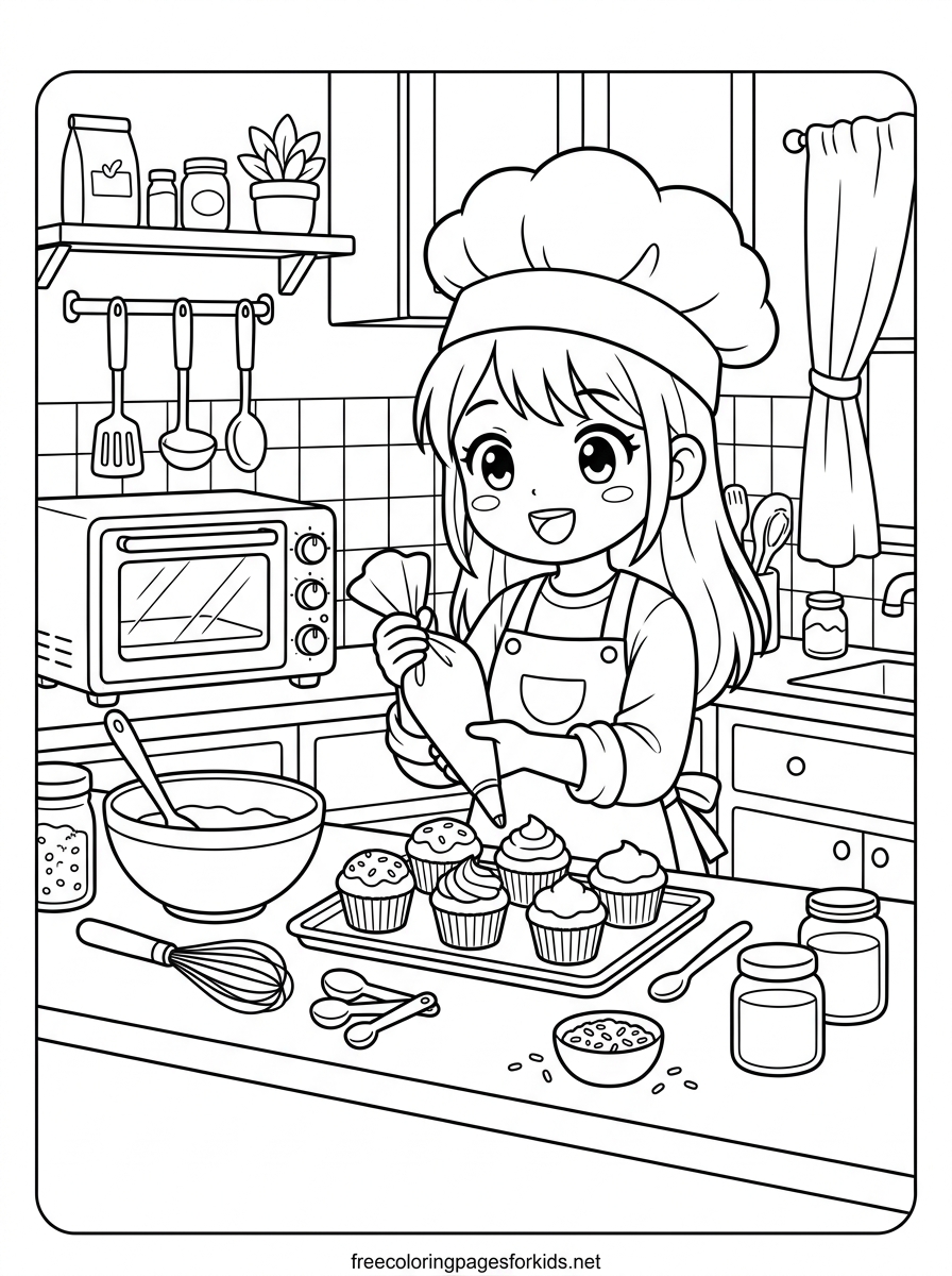 Girl Decorating Cupcakes in the Kitchen Coloring Page