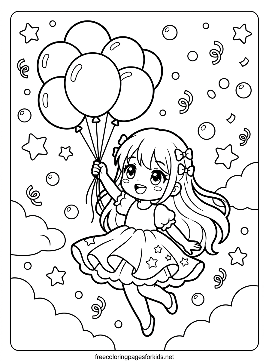 Girl Floating With Balloons Coloring Page