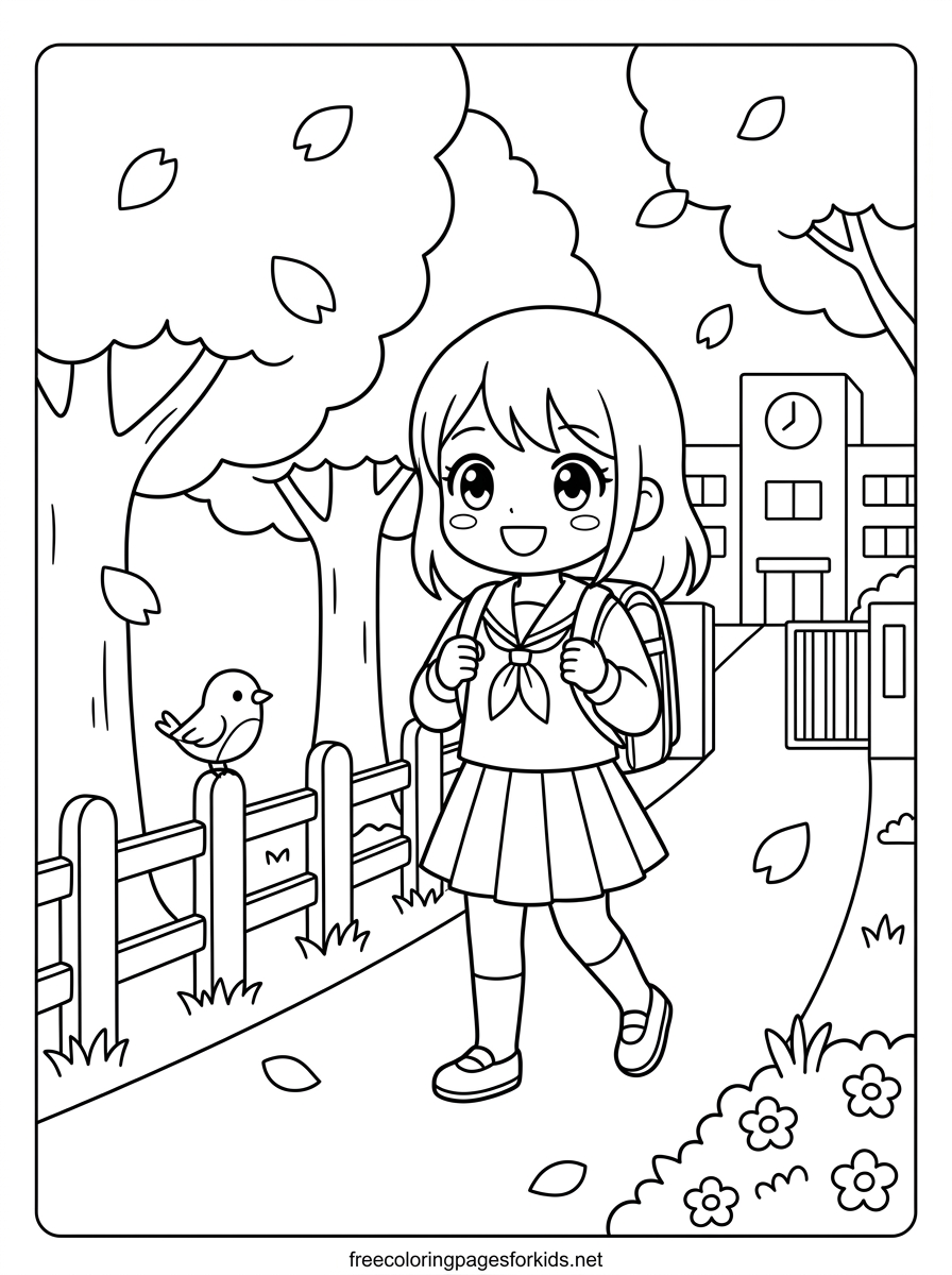 Girl Walking to School Coloring Page