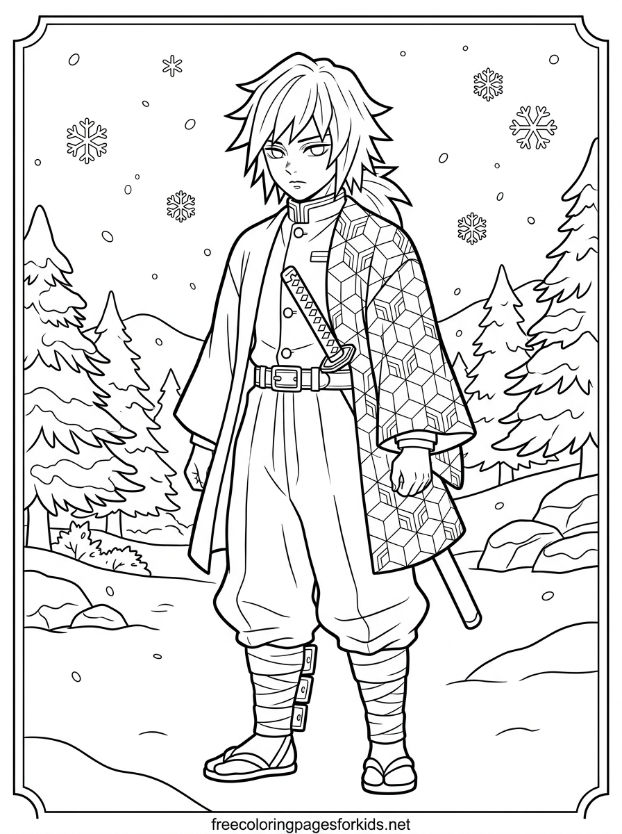 Giyu Tomioka Standing in the Snow Coloring Page