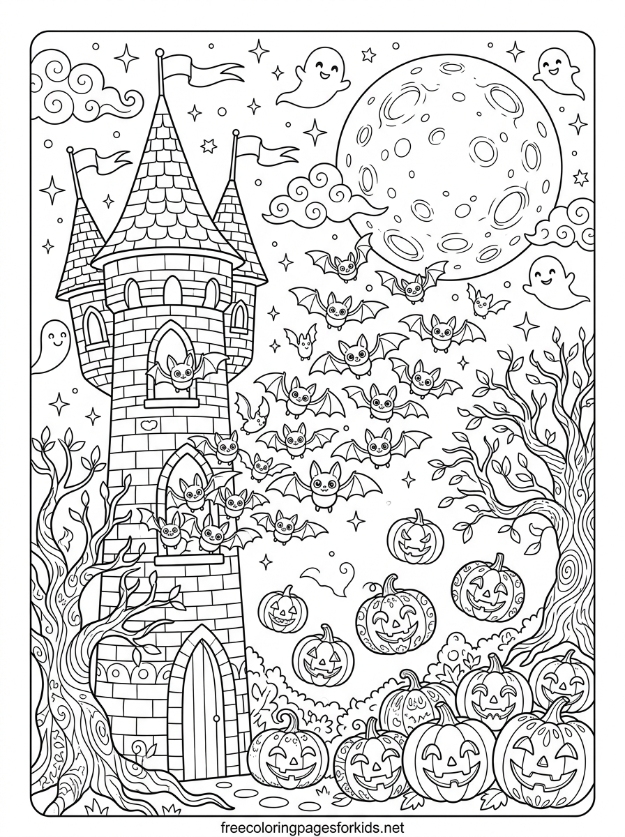 Halloween Night With Bats and Pumpkins Coloring Page