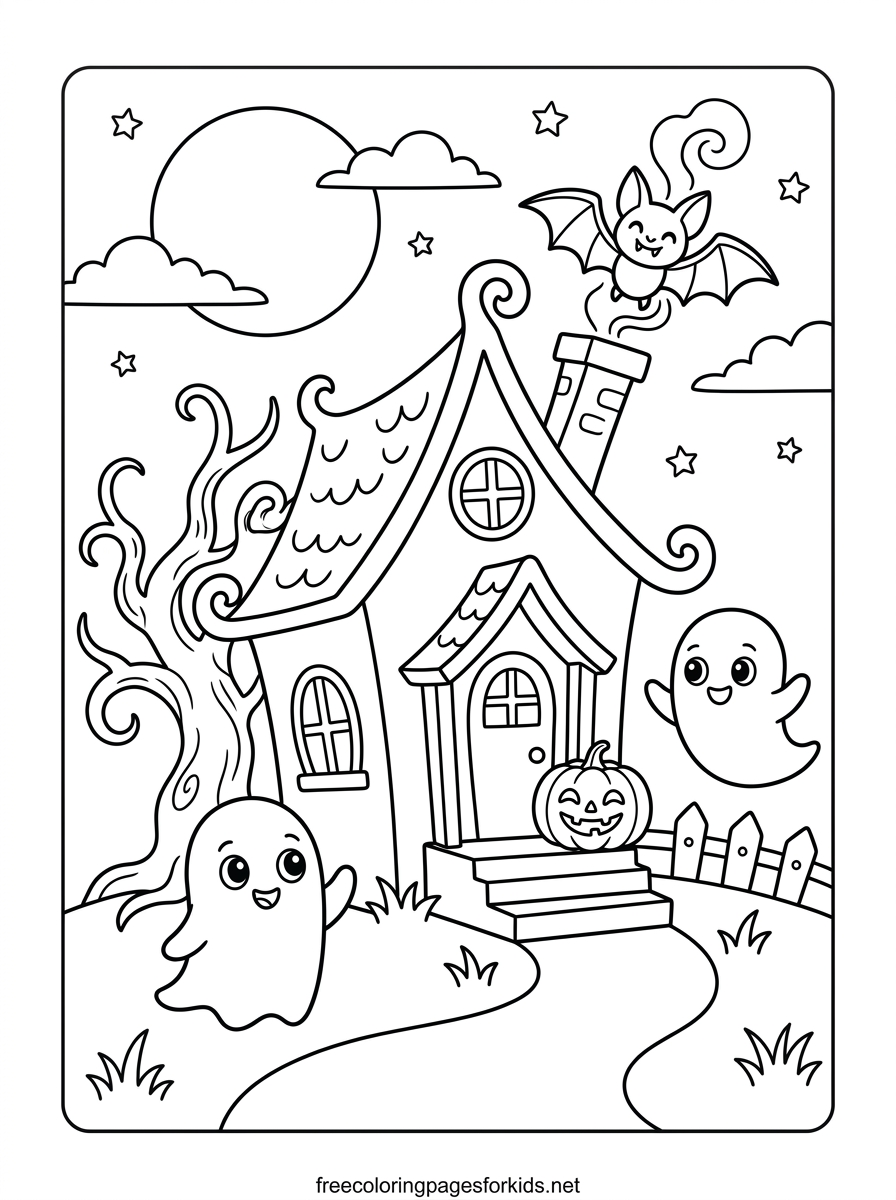 Haunted House With Bat and Ghosts Coloring Page