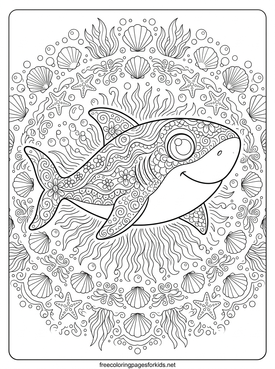 Mandala Style Baby Shark Coloring Page