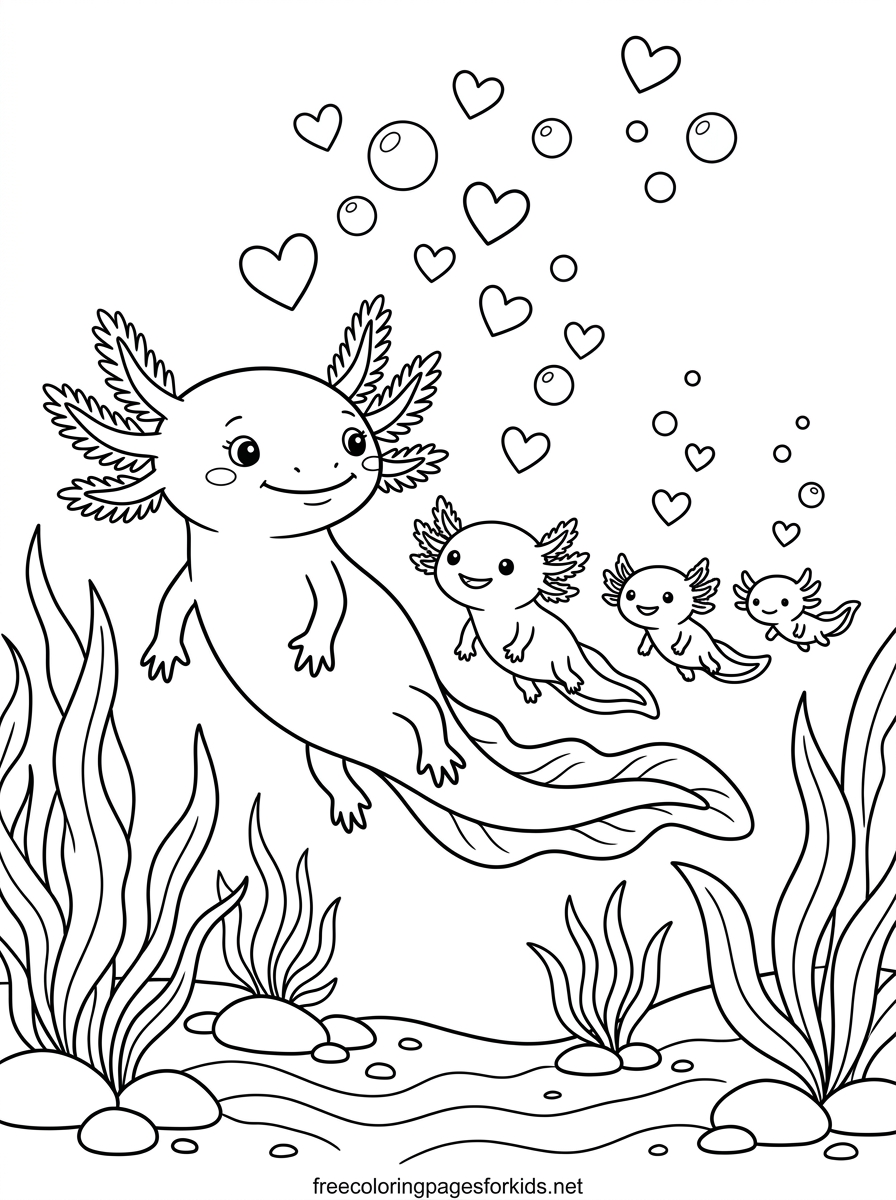 Mother Axolotl Swimming With Her Babies Coloring Page